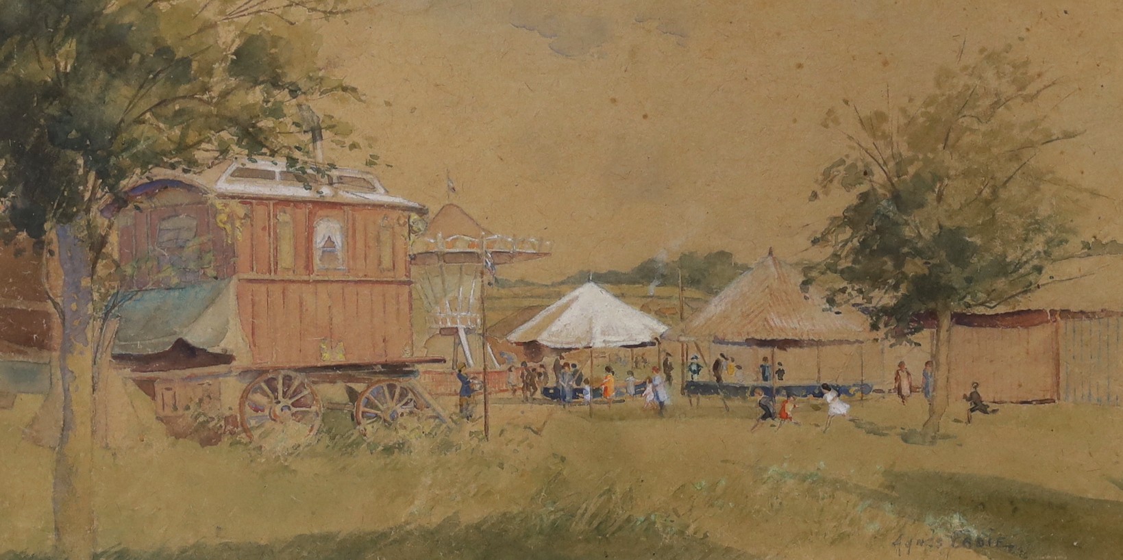 Agnes S. Eadie (Exh.1901-1936), watercolour, Study of a travelling funfair, signed, 18 x 36cm